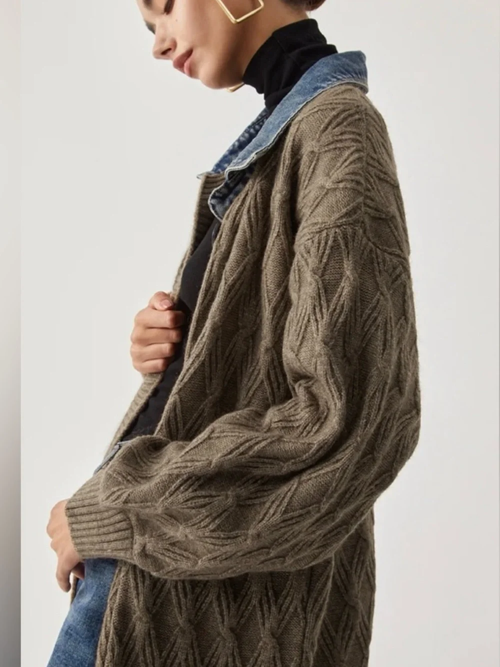COMMENSE Diamond Stitch Knitting Longline Cardigan Denim Tan Oversized fit S - Picture 4 of 15